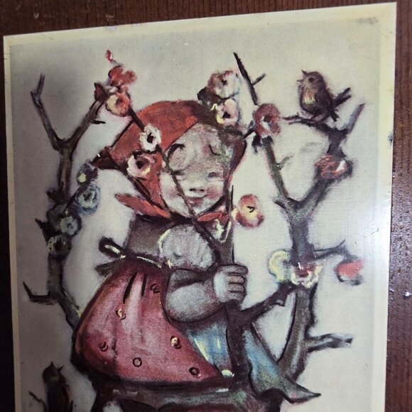 Vintage Set MCM Hummel Wall Plaques Boy & Girl On Trees Wooden Backing Rustic - Picture 12 of 12